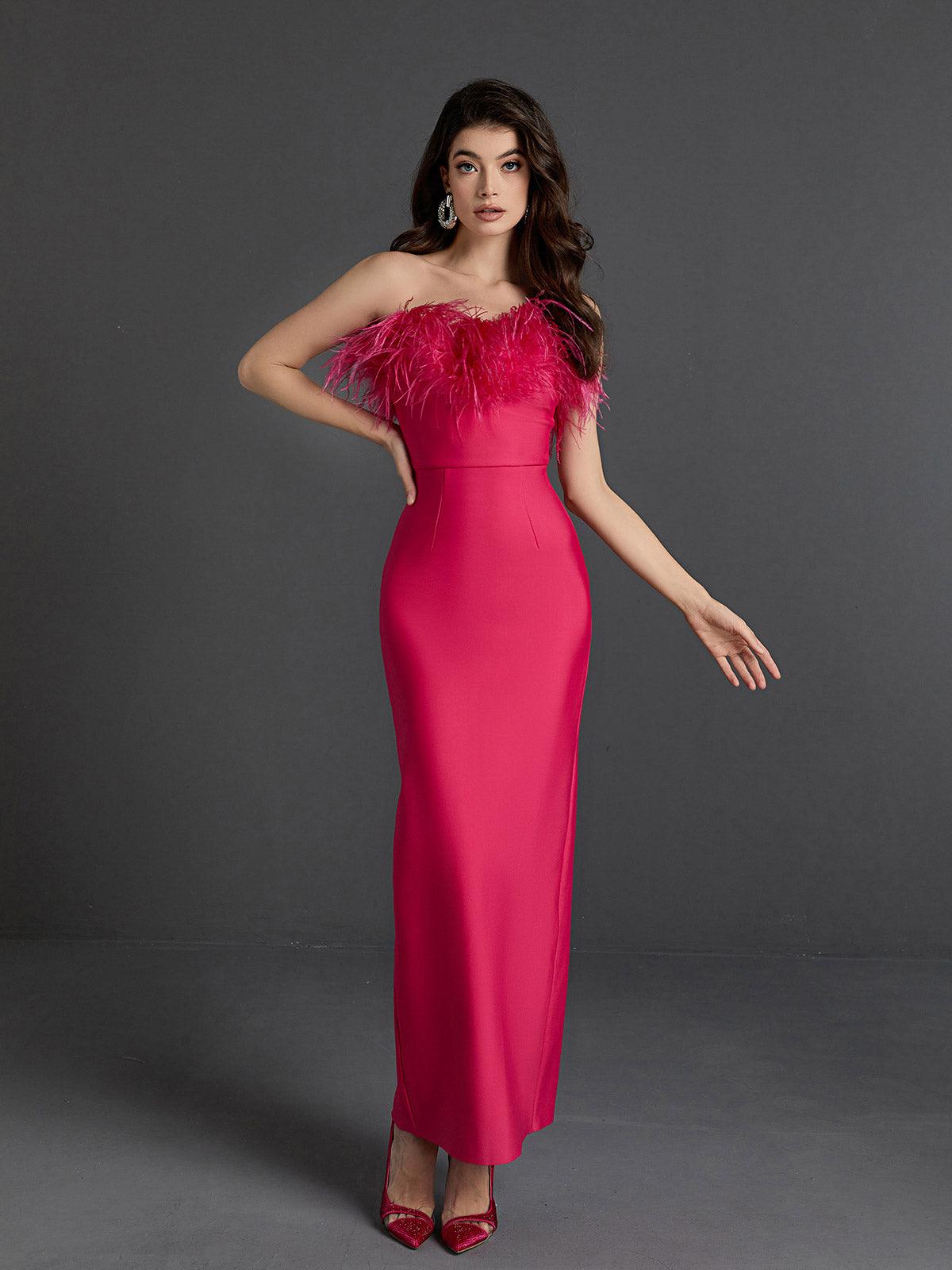 Mina Strapless Feather Trimmed Bandage Dress In Hot Pink - View 3