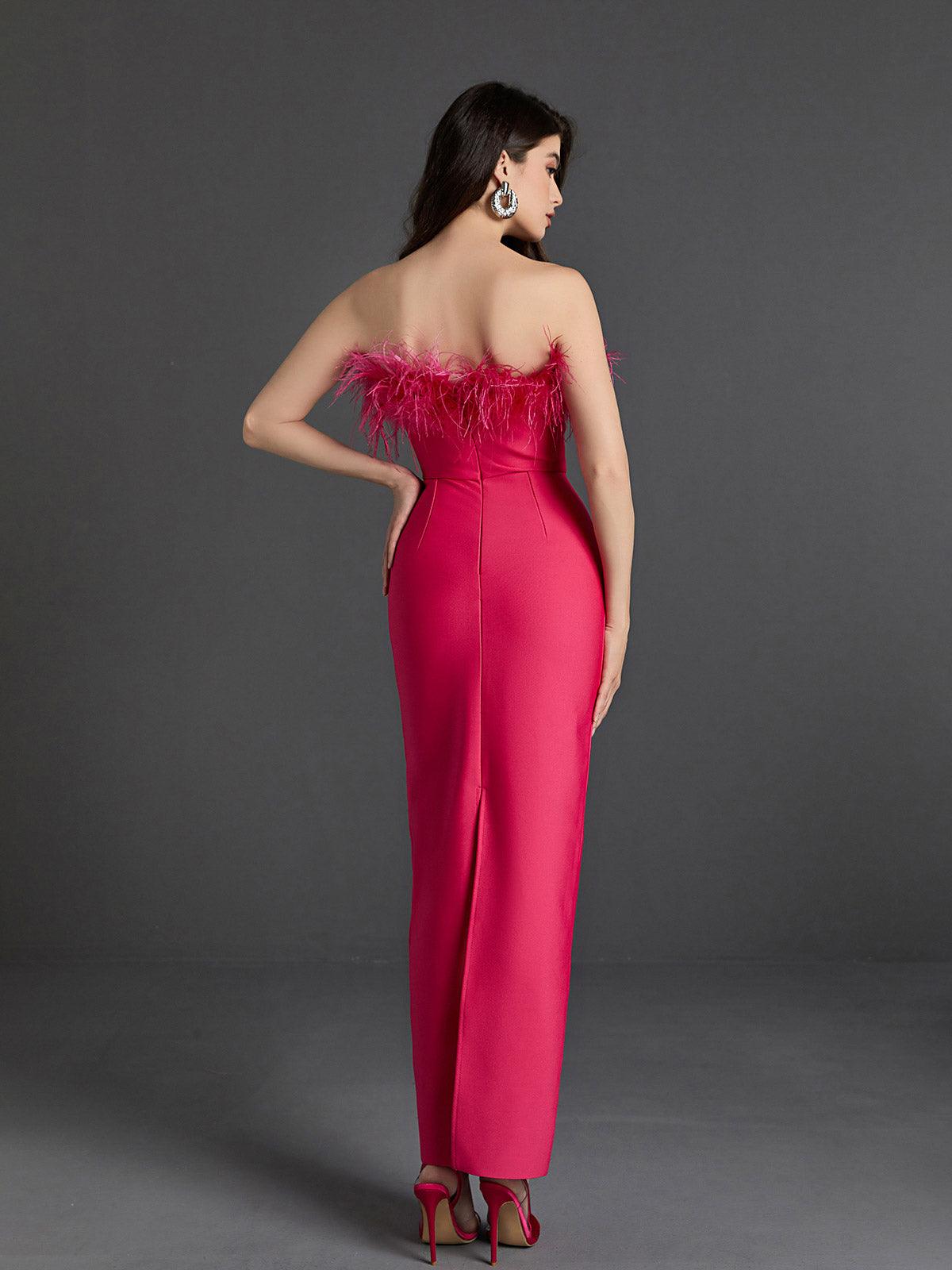 Mina Strapless Feather Trimmed Bandage Dress In Hot Pink - View 6