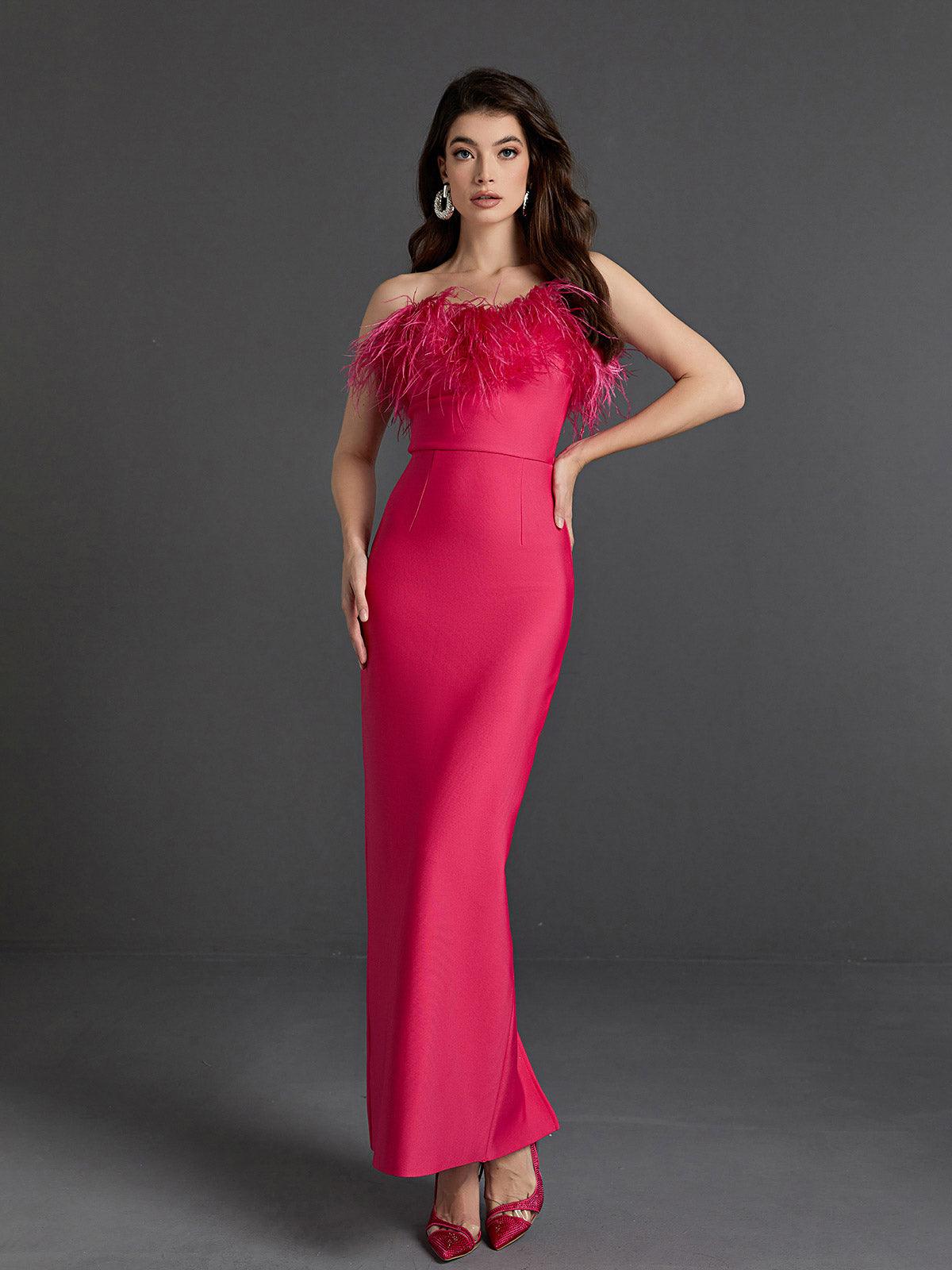 Mina Strapless Feather Trimmed Bandage Dress In Hot Pink