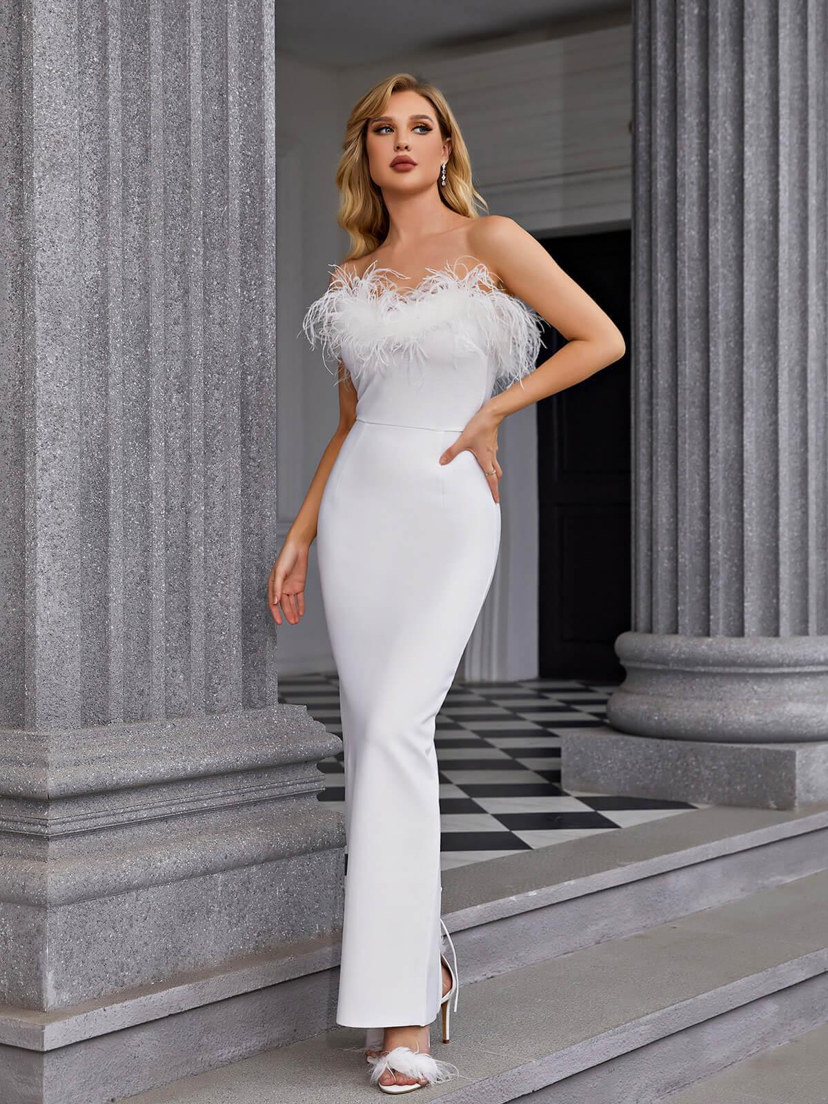 Mina Strapless Feather Trimmed Bandage Dress In White - View 3