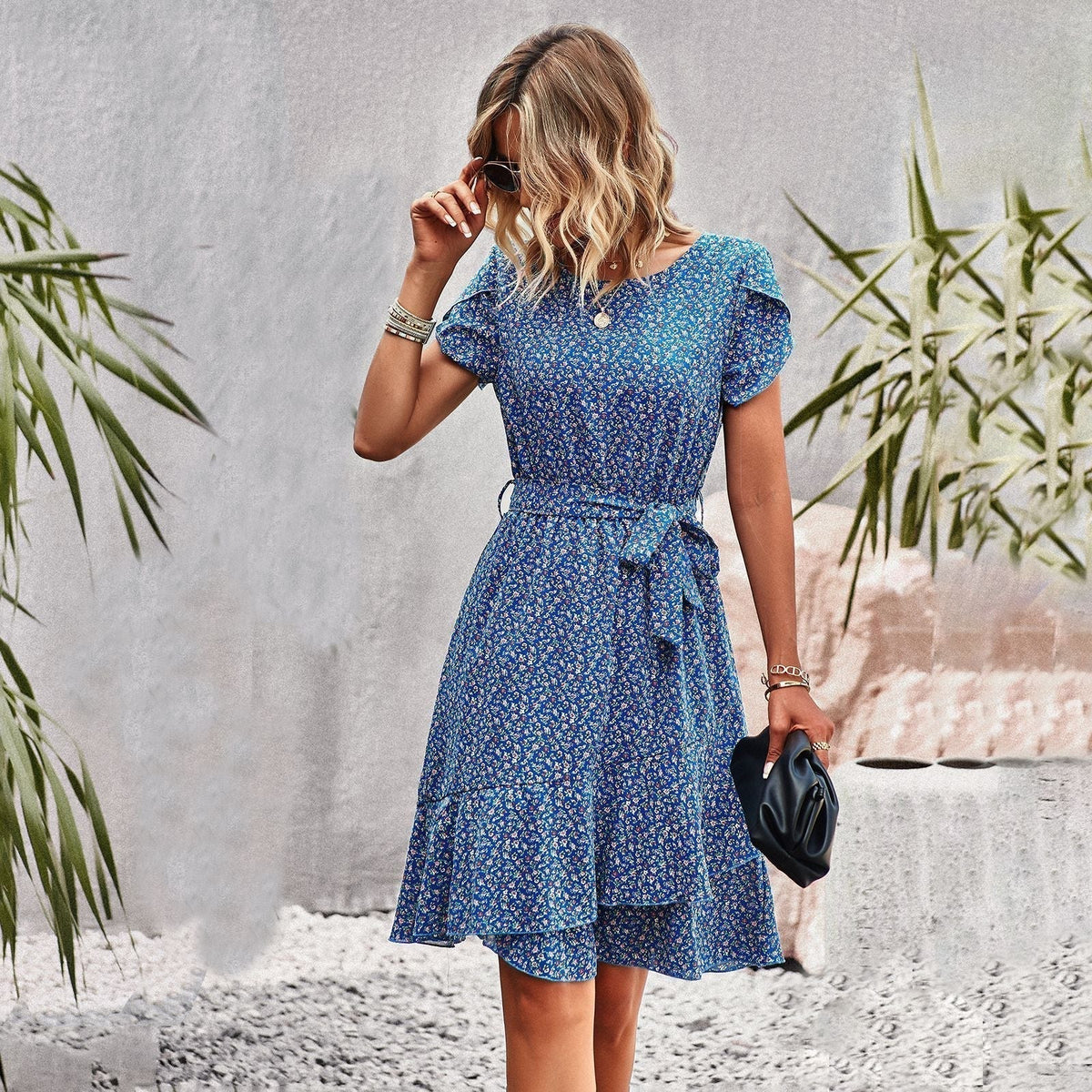 Floral Round Neck Short Sleeve Tiered Belted A-Line Mini Dress - View 7