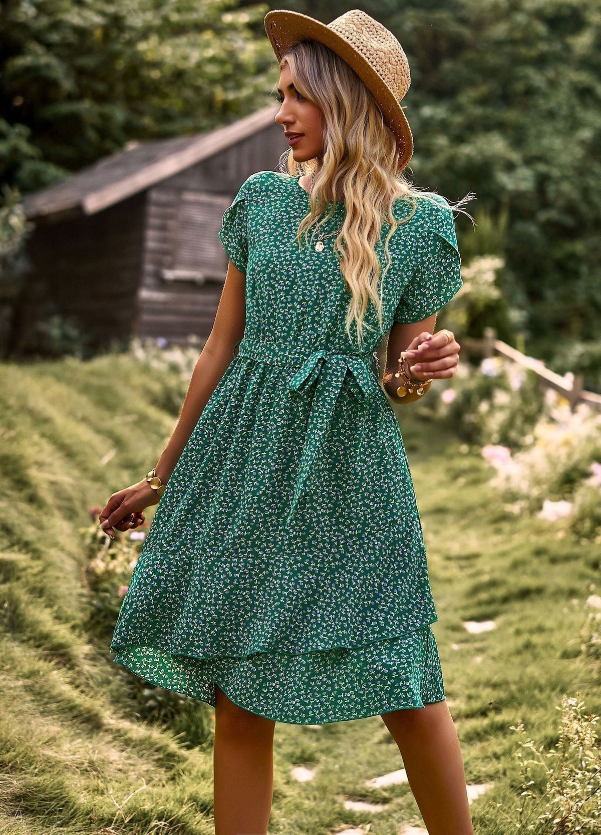 Floral Round Neck Short Sleeve Tiered Belted A-Line Mini Dress - View 4