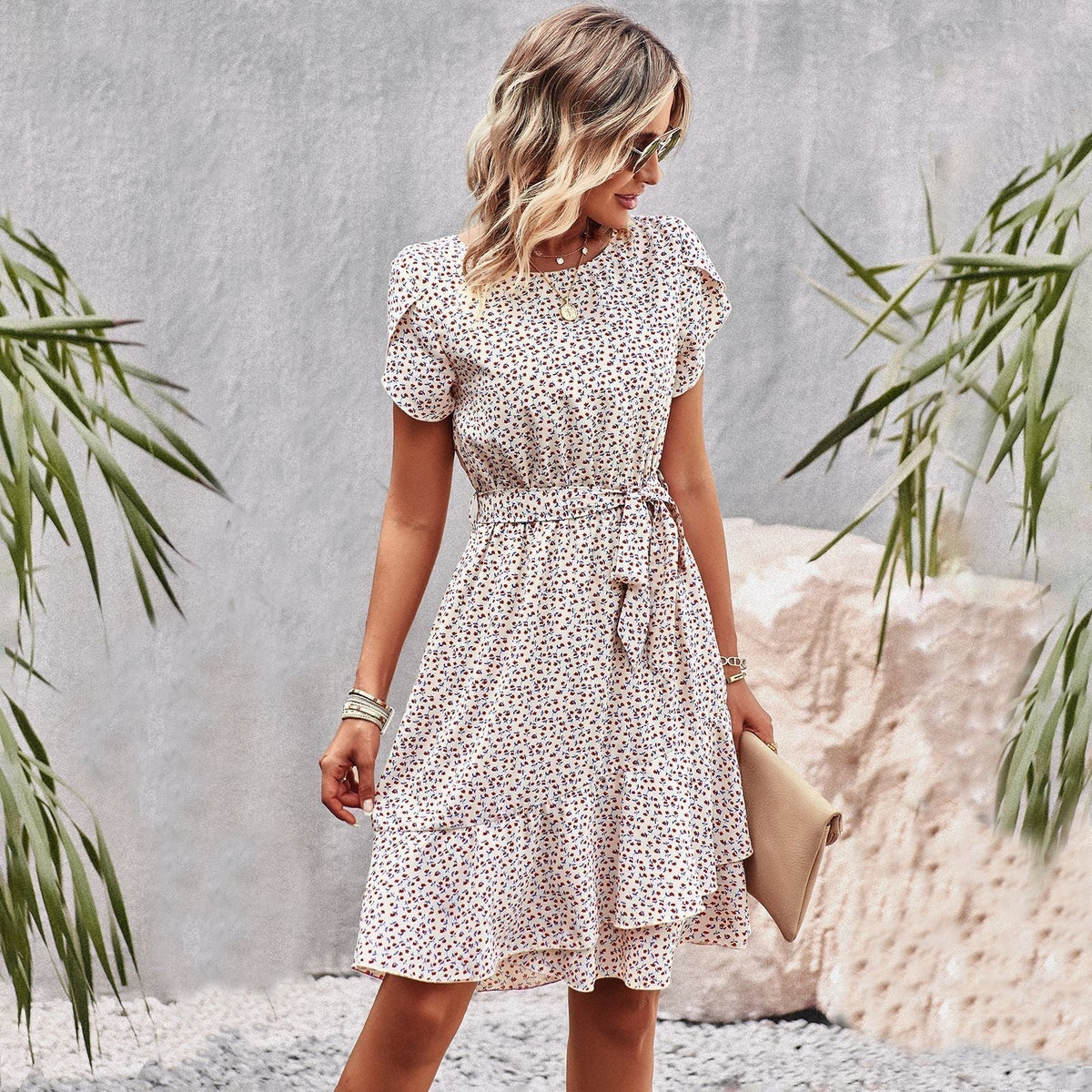 Floral Round Neck Short Sleeve Tiered Belted A-Line Mini Dress - View 9