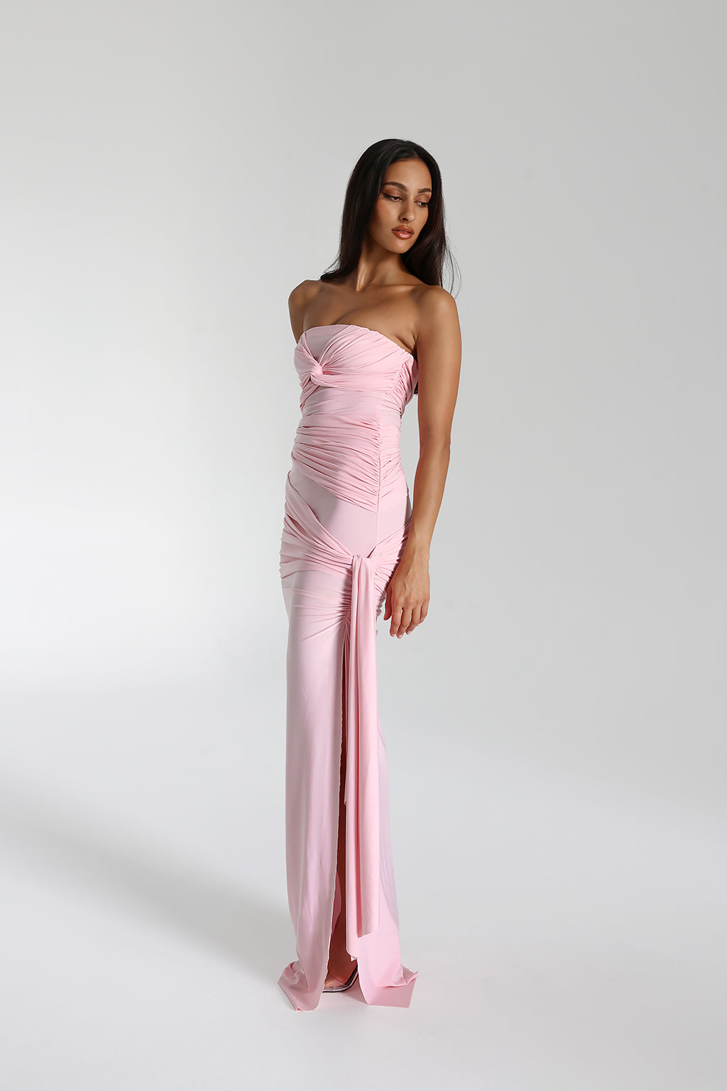 Strapless Ruched Knot Bodice Side Slit Draped Sash Maxi Gown - View 2