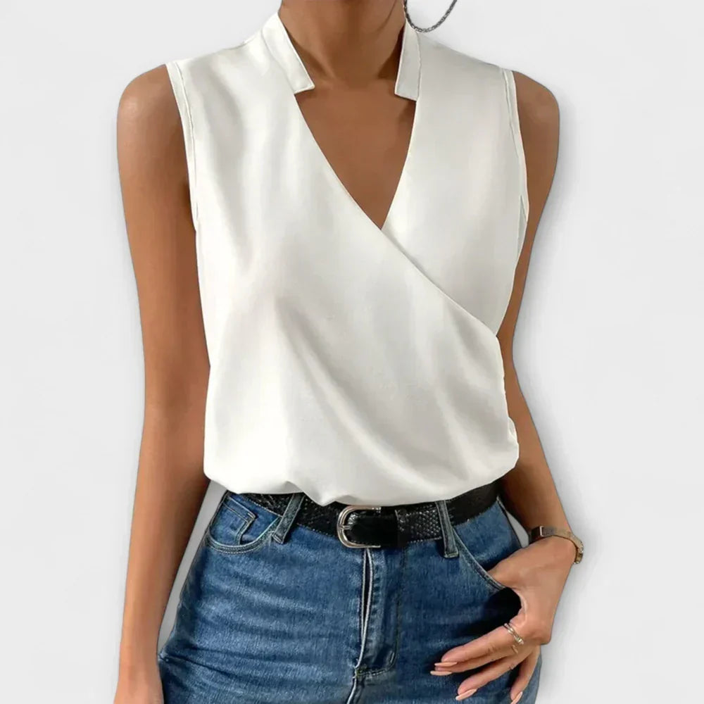 Sleeveless Stand Collar Surplice V-Neck Satin Top