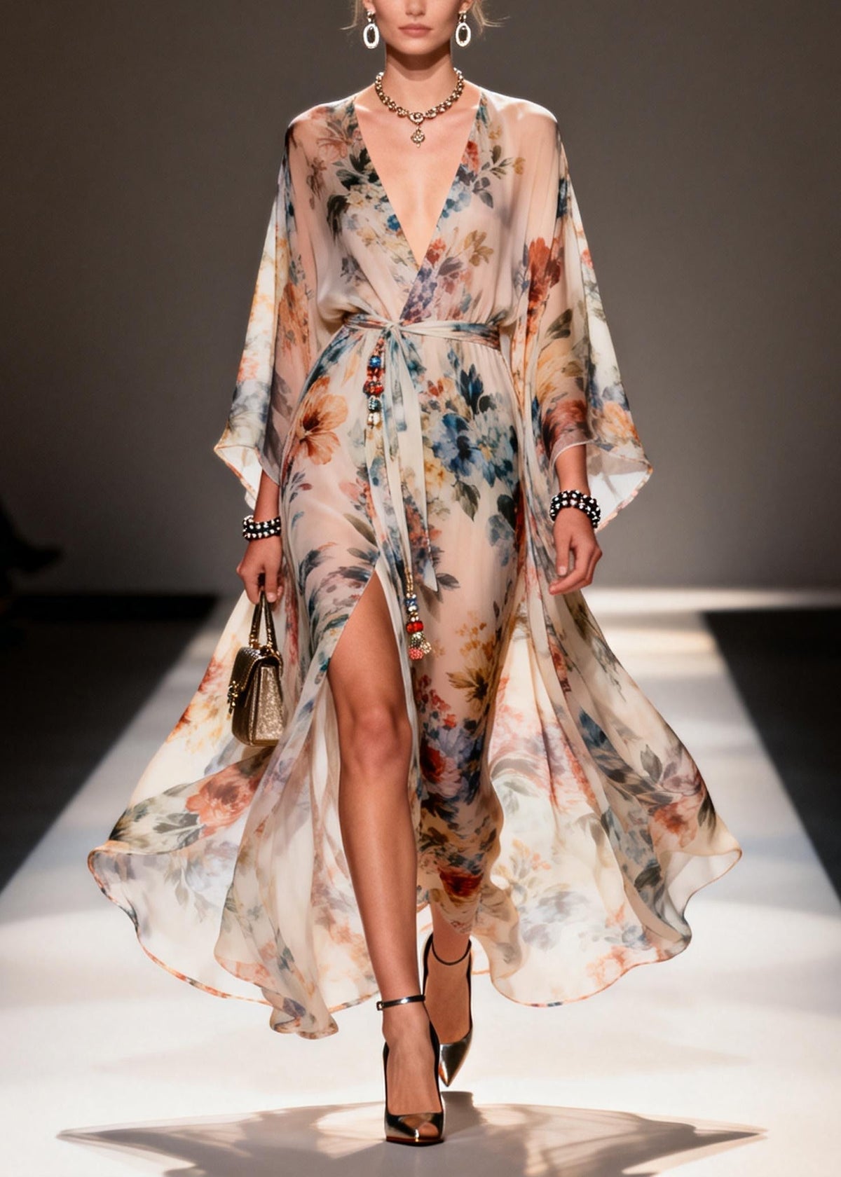 Floral Print Chiffon Wrap Deep V-Neck Kimono Sleeve Beaded Tie High Split Maxi Gown - View 3