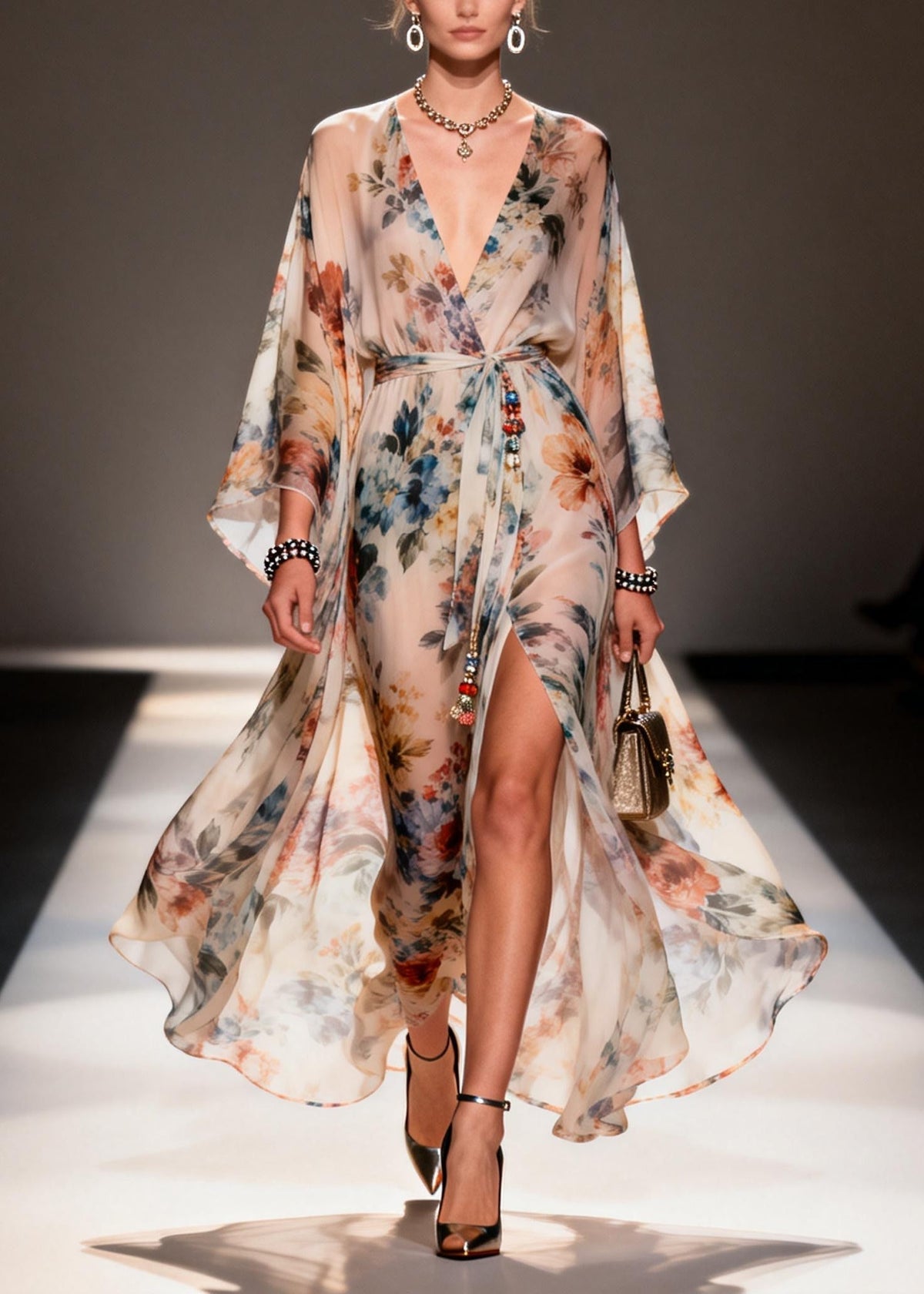 Floral Print Chiffon Wrap Deep V-Neck Kimono Sleeve Beaded Tie High Split Maxi Gown - View 5