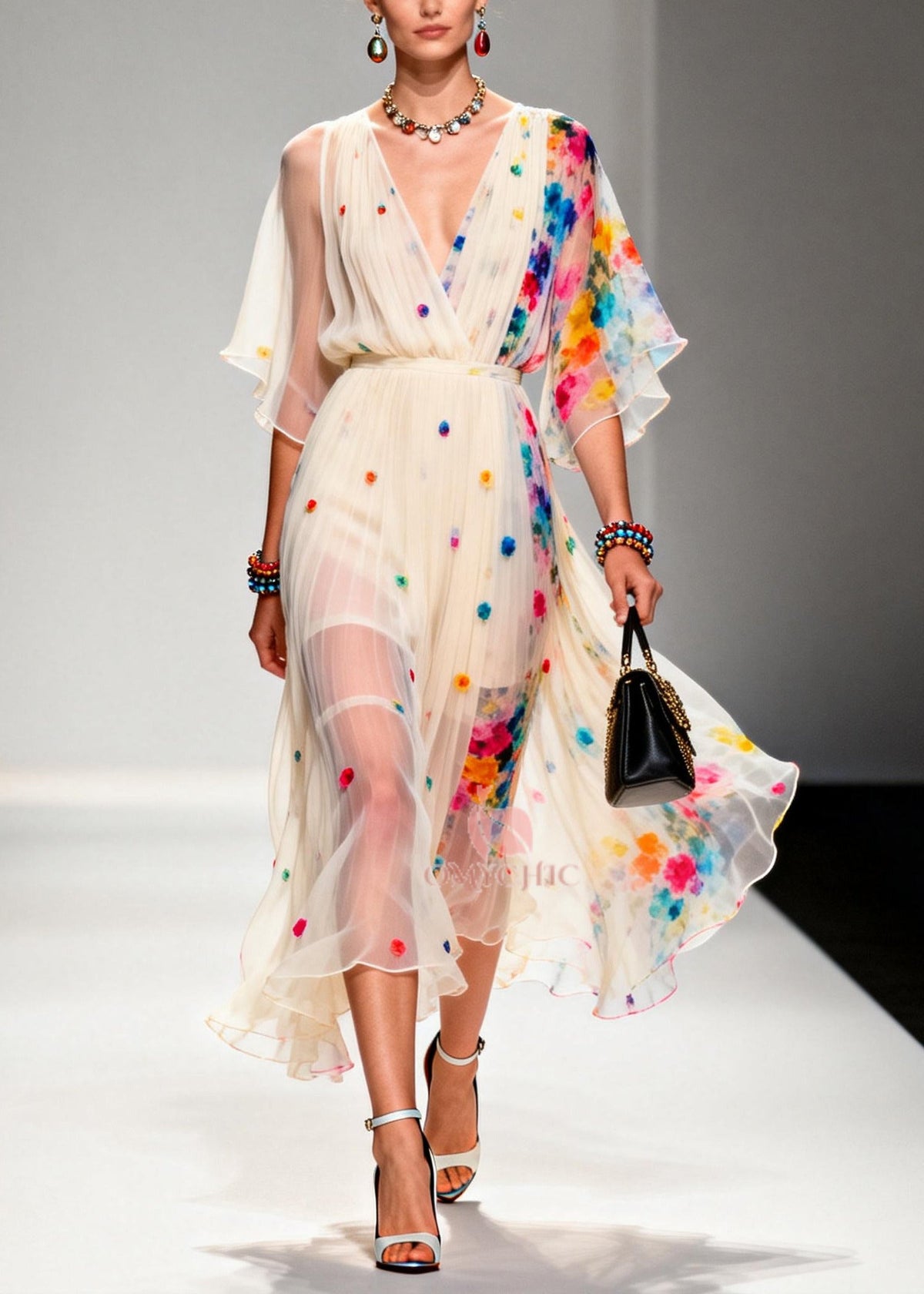 Floral Applique Pleated V-Neck Wrap Bodice Midi Dress - View 5