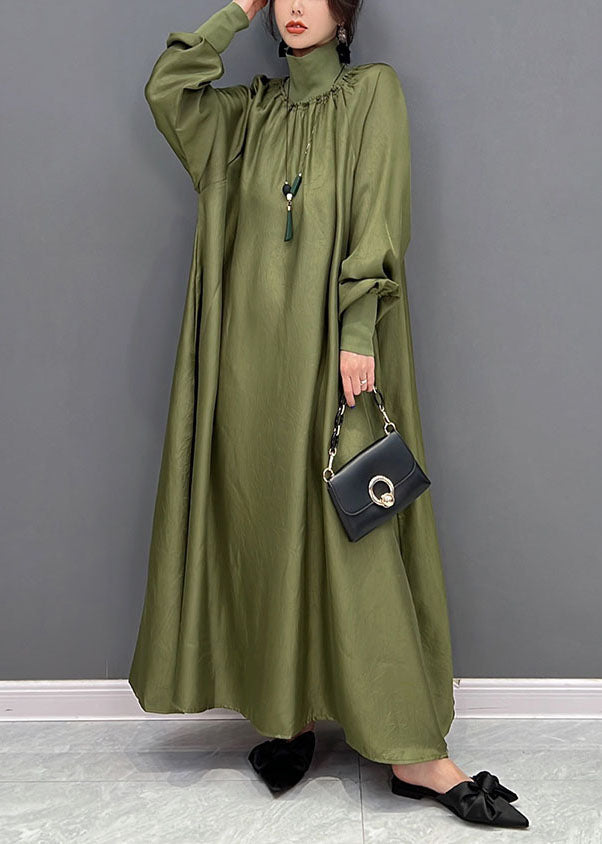 Satin Mock Neck Ruched Collar Puff Sleeve Pocket Tent Maxi Dress - View 2