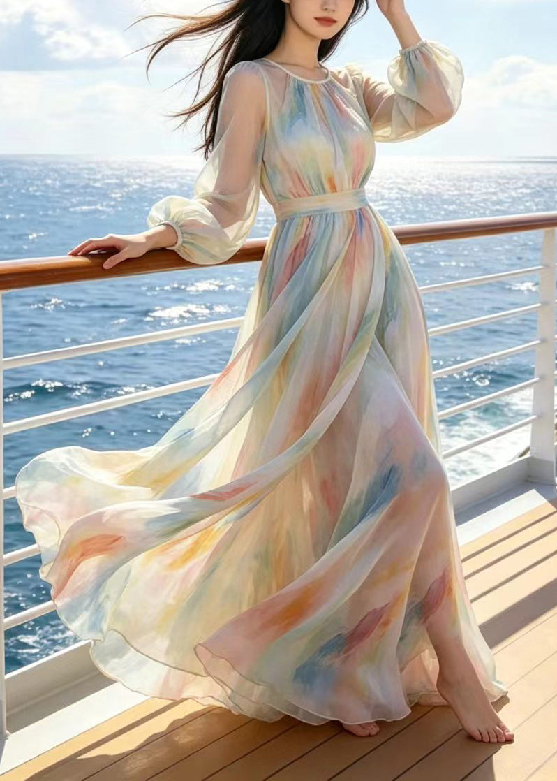 Tie Dye Crew Neck Long Sleeve Belted Chiffon Maxi Dress - View 2