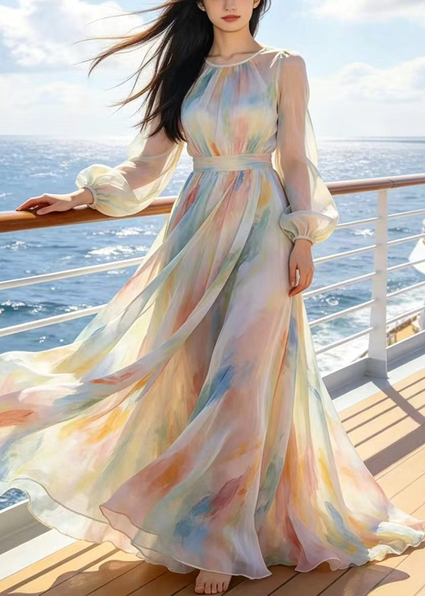 Tie Dye Crew Neck Long Sleeve Belted Chiffon Maxi Dress - View 3