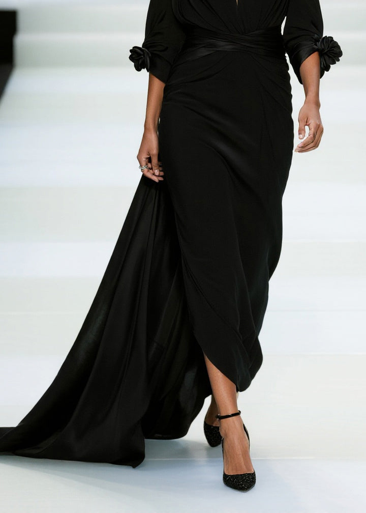 Deep V-Neck Cold Shoulder Rosette Cuff Draped Wrap Waist Train Gown - View 4