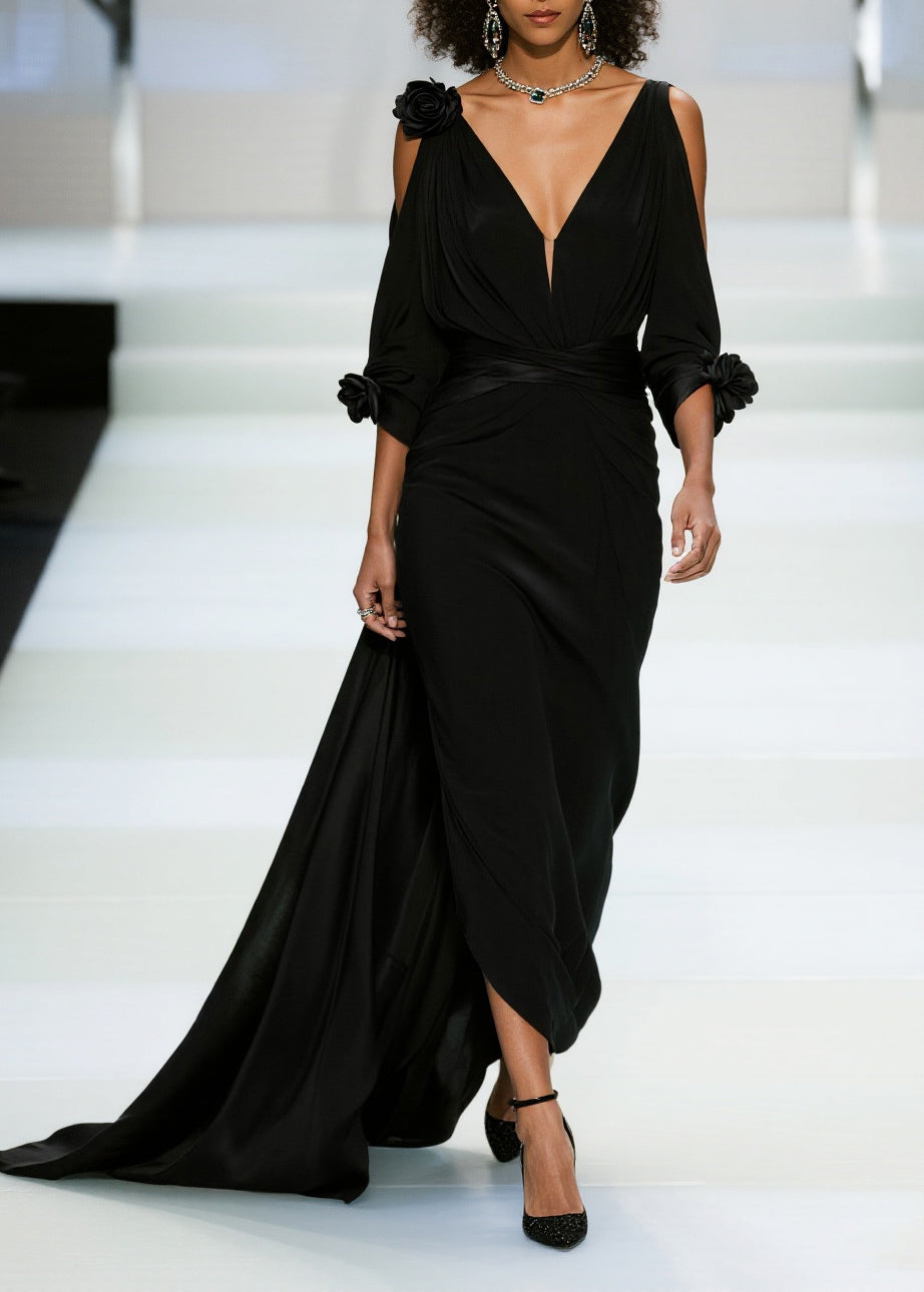 Deep V-Neck Cold Shoulder Rosette Cuff Draped Wrap Waist Train Gown - View 5