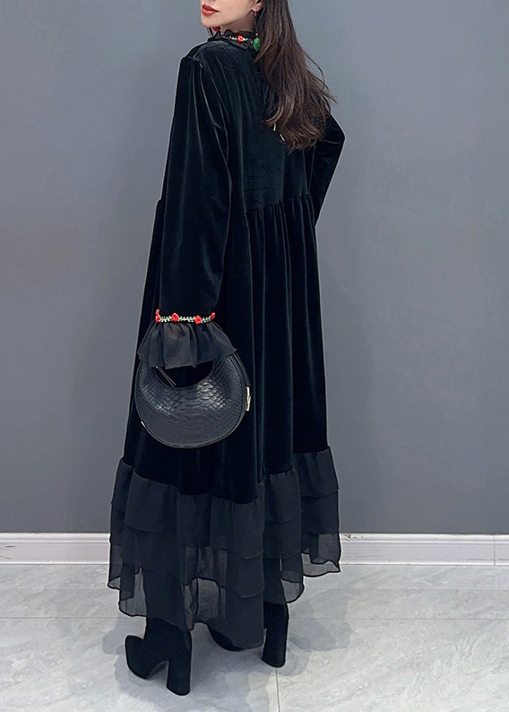 Velvet Long Sleeve Tiered Ruffle Hem A-Line Maxi Dress - View 4