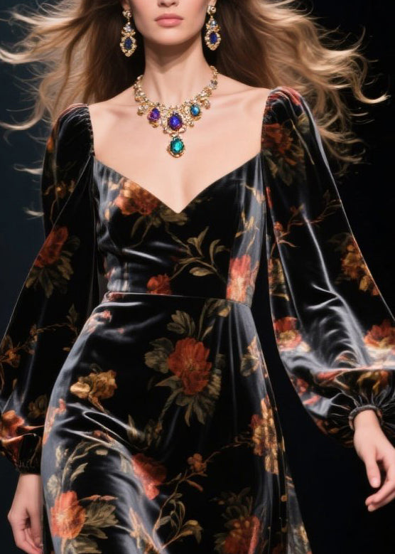 Modern Black Ruffled Patchwork Hollow Out Silk Velvet Dress Spring - View 2