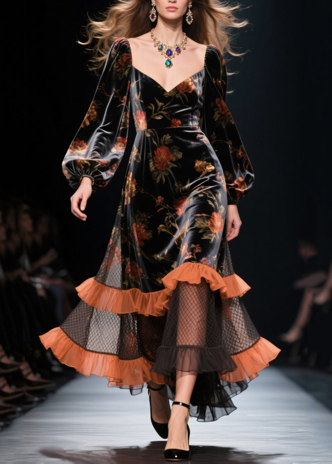 Modern Black Ruffled Patchwork Hollow Out Silk Velvet Dress Spring - View 3