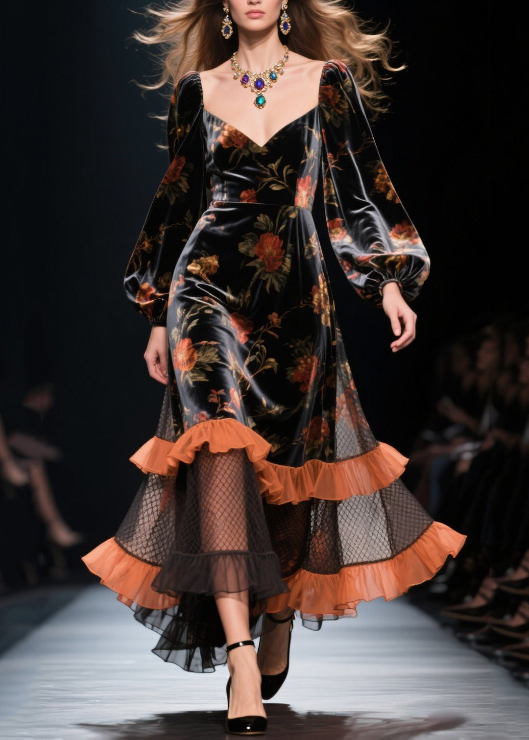 Modern Black Ruffled Patchwork Hollow Out Silk Velvet Dress Spring - View 5
