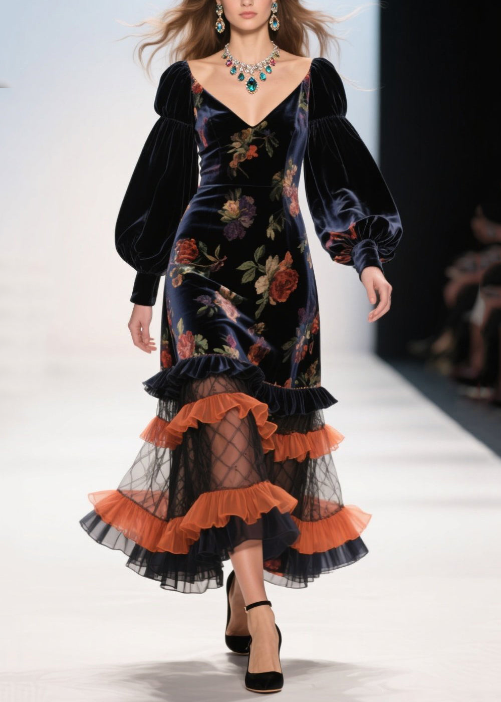 Modern Black Ruffled Patchwork Print Silk Velvet Evening Dress Spring - View 5