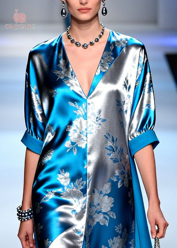 Metallic Floral Jacquard Deep V-Neck Half Sleeve Sheer Maxi Gown - View 2