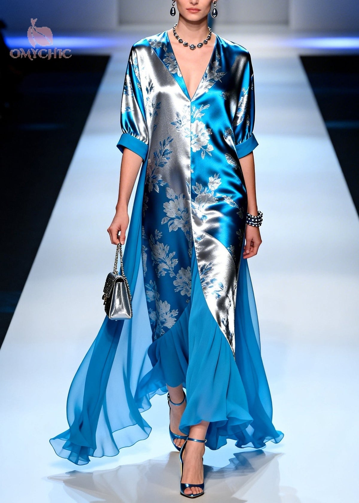 Metallic Floral Jacquard Deep V-Neck Half Sleeve Sheer Maxi Gown - View 3