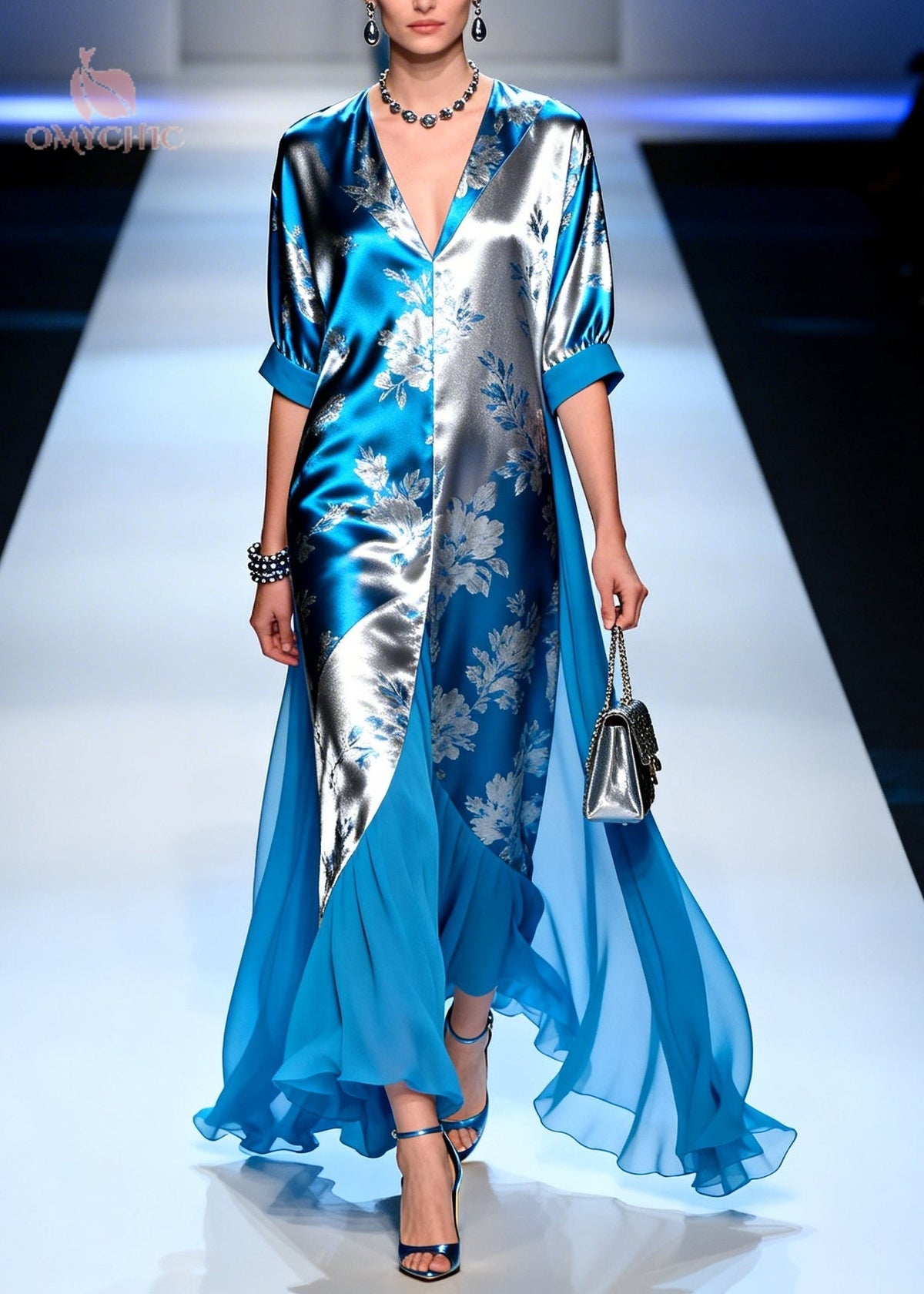 Metallic Floral Jacquard Deep V-Neck Half Sleeve Sheer Maxi Gown - View 5