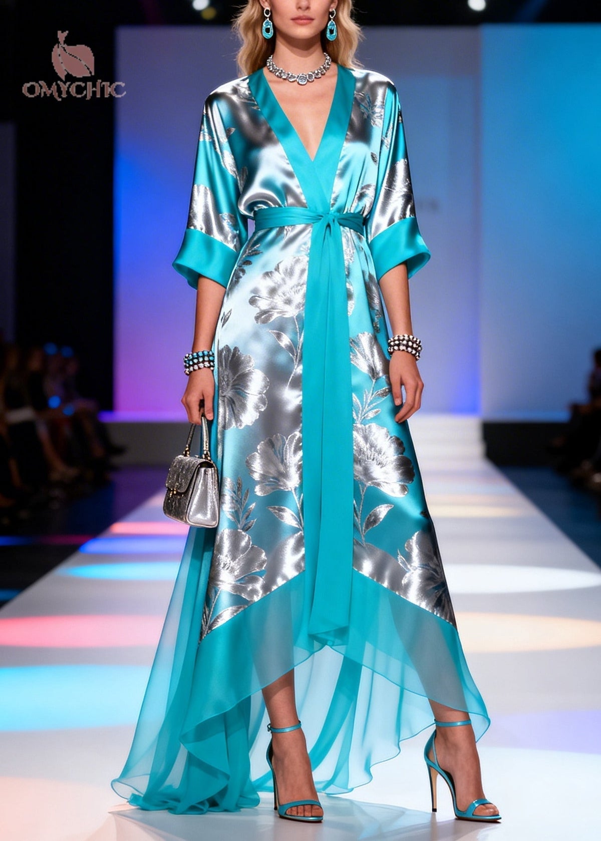Floral Deep V-Neck Half Sleeve Belted Satin High Low Maxi Dress - View 5