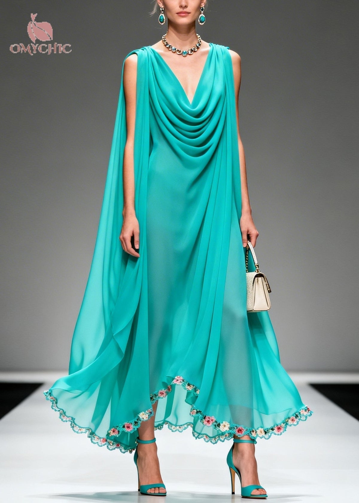Cowl Neck Sleeveless Cape Overlay Scalloped Floral Hem Maxi Gown