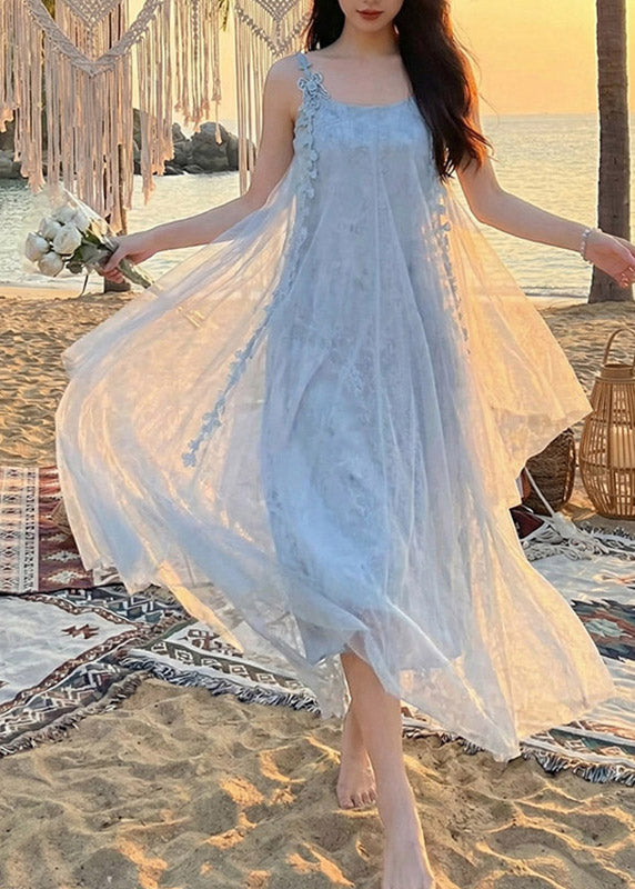 Tulle Spaghetti Strap Square Neck 3D Floral A-Line Maxi Dress - View 2