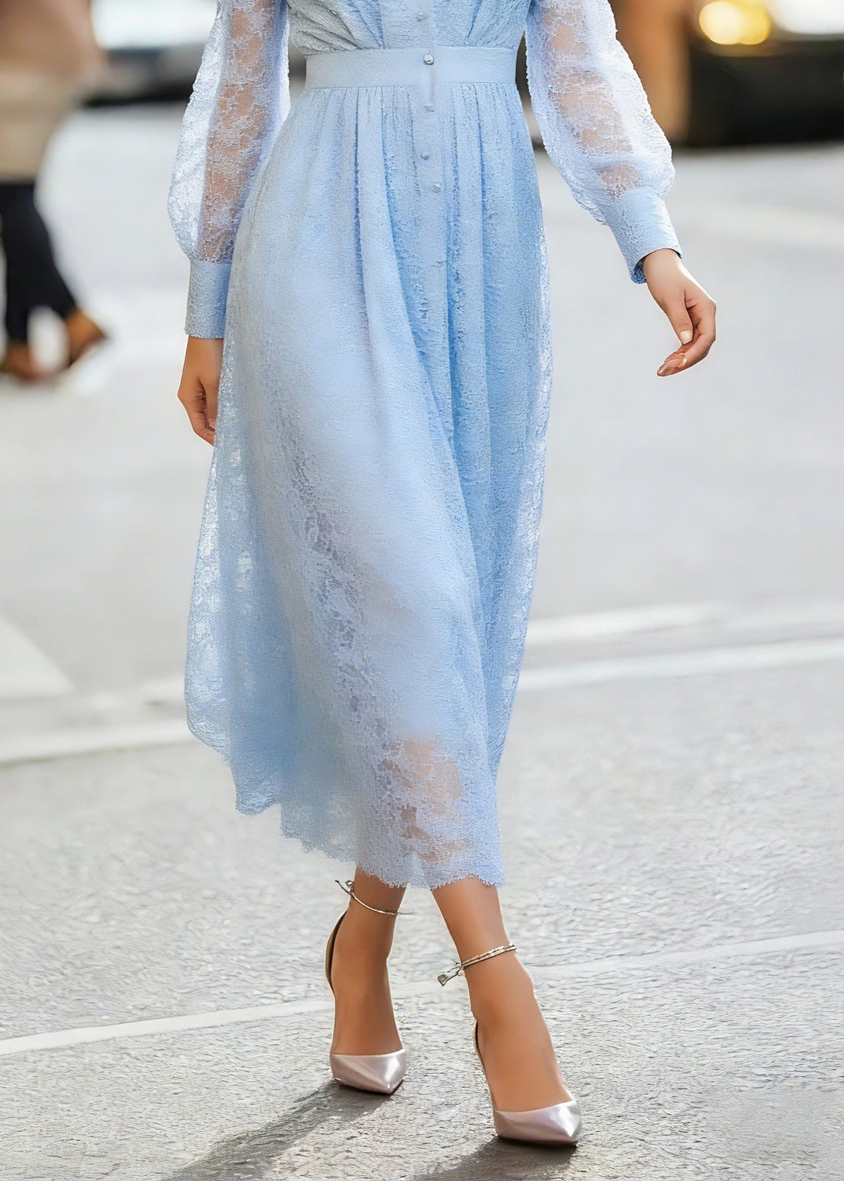 Modern Blue V Neck High Waist Lace Maxi Dress Lantern Sleeve - View 4