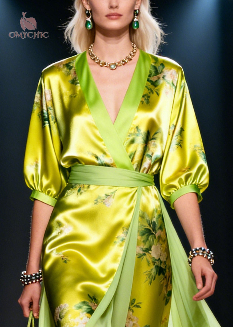 Floral Print Deep V-Neck Three Quarter Sleeve Wrap Maxi Dress - View 2