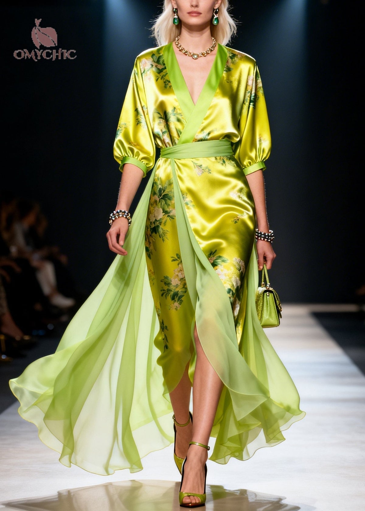 Floral Print Deep V-Neck Three Quarter Sleeve Wrap Maxi Dress - View 3