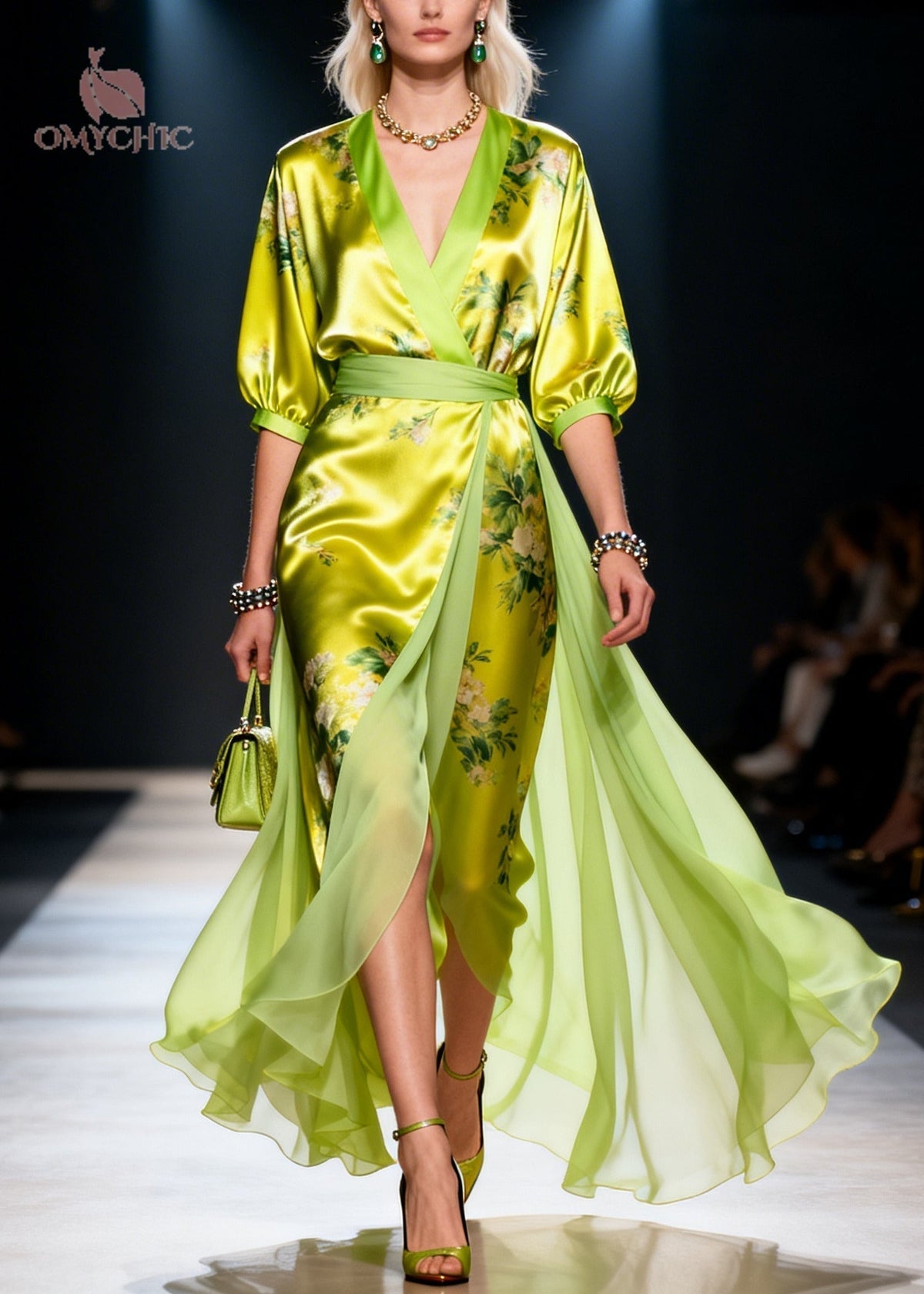 Floral Print Deep V-Neck Three Quarter Sleeve Wrap Maxi Dress - View 5