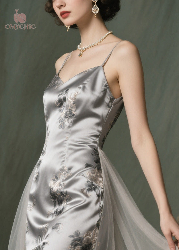 Satin Floral Print Spaghetti Strap Tulle Overlay Tiered Midi Dress - View 2