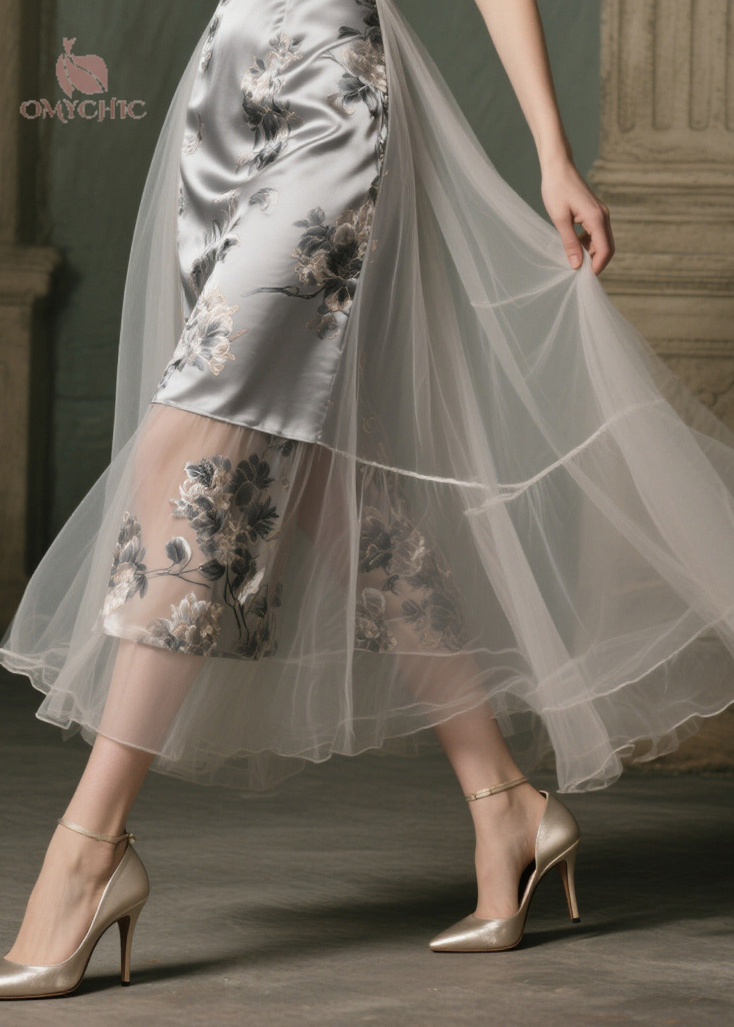 Satin Floral Print Spaghetti Strap Tulle Overlay Tiered Midi Dress - View 4
