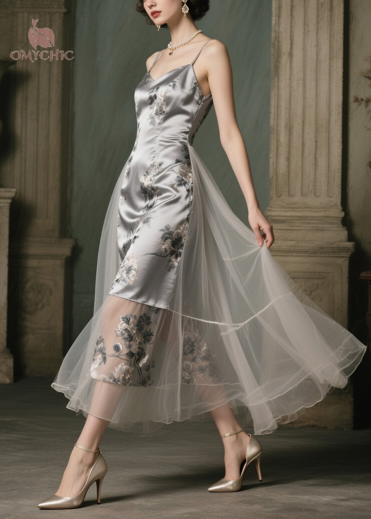 Satin Floral Print Spaghetti Strap Tulle Overlay Tiered Midi Dress - View 5