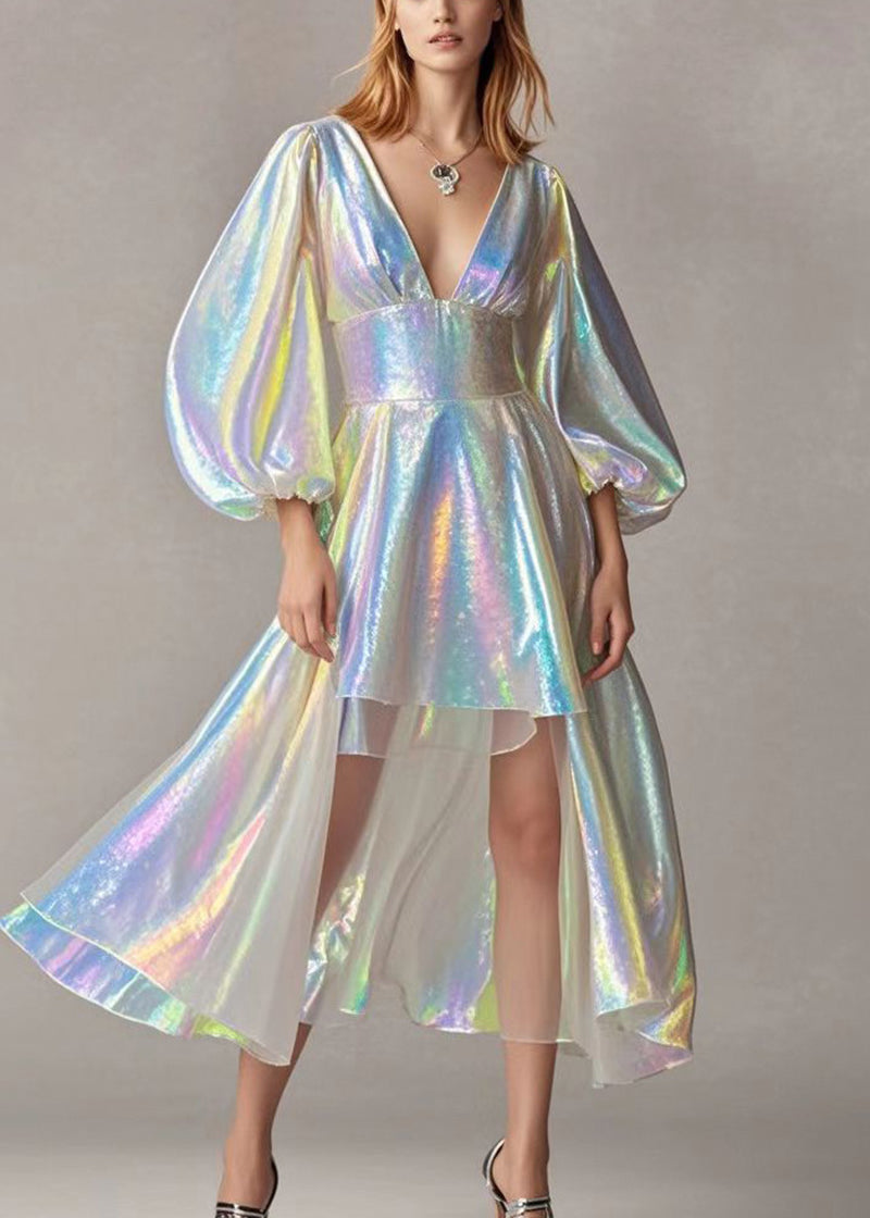 Deep V-Neck Puff Sleeve Corset Waist High Low Iridescent Mini Dress - View 2