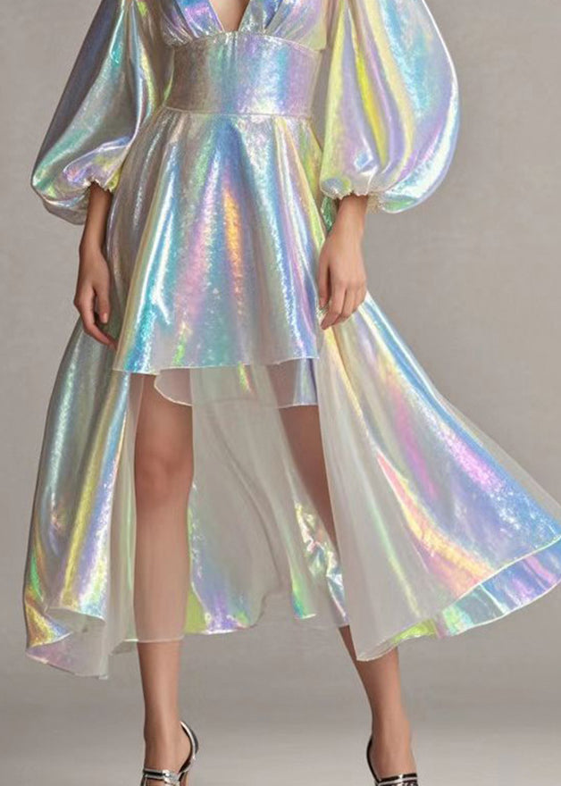 Deep V-Neck Puff Sleeve Corset Waist High Low Iridescent Mini Dress - View 5