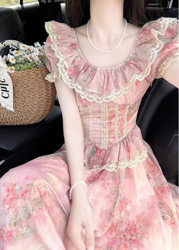 Modern Pink Ruffled Patchwork Lace Party Dress Summer - View 2