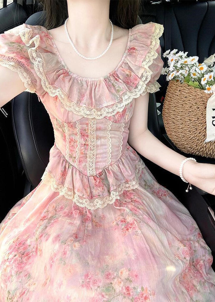 Modern Pink Ruffled Patchwork Lace Party Dress Summer - View 3