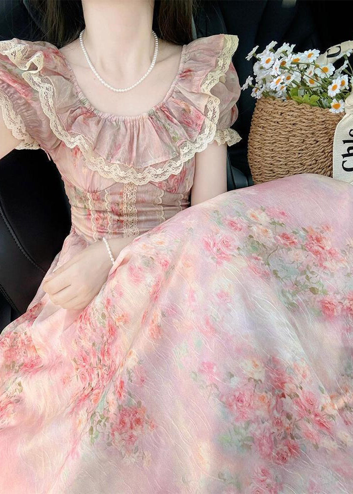 Modern Pink Ruffled Patchwork Lace Party Dress Summer - View 4