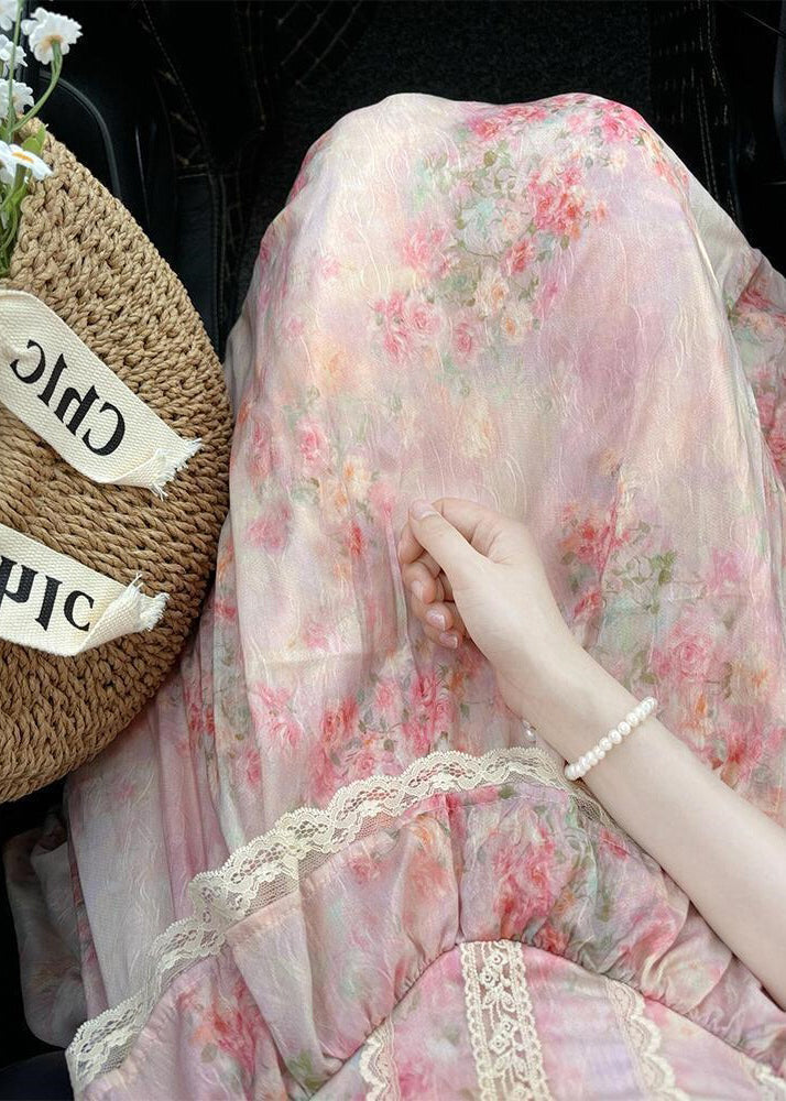 Modern Pink Ruffled Patchwork Lace Party Dress Summer - View 5