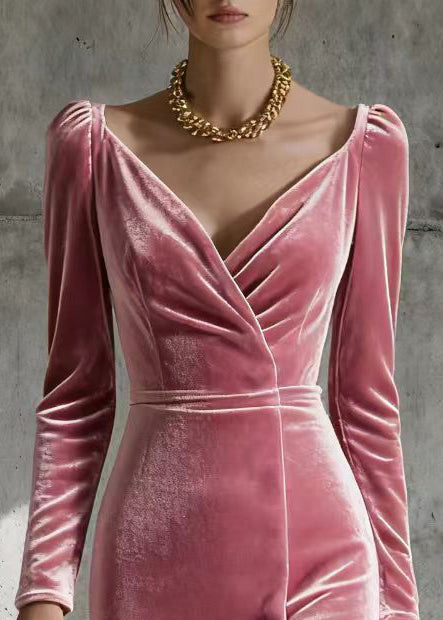 Velvet Deep V-Neck Long Sleeve Ruched Bodycon Midi Dress - View 2