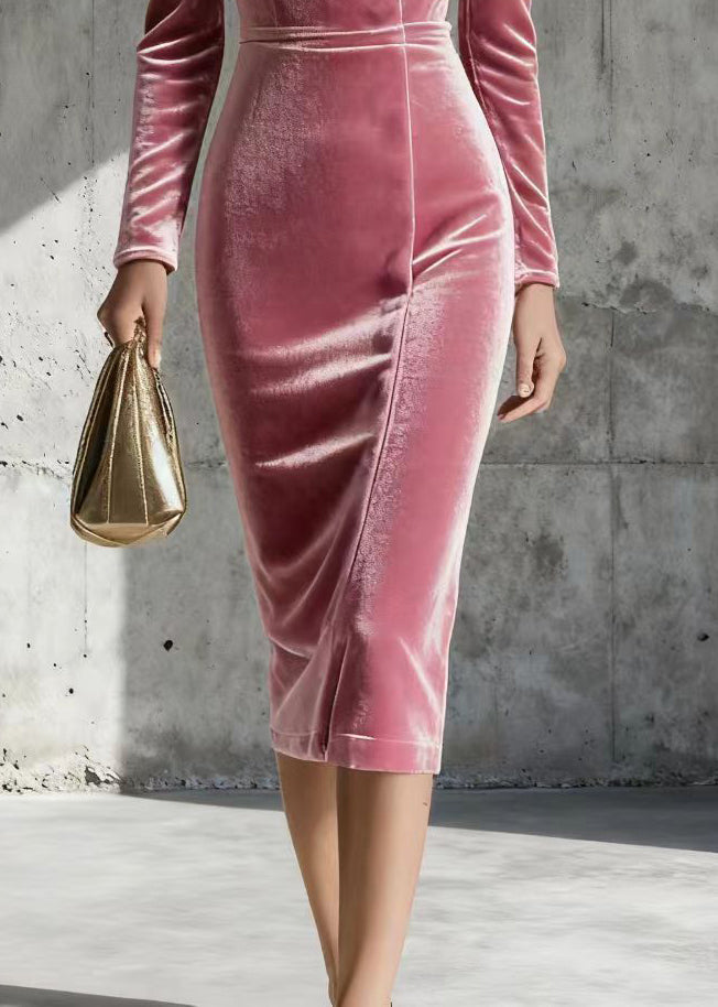 Velvet Deep V-Neck Long Sleeve Ruched Bodycon Midi Dress - View 4