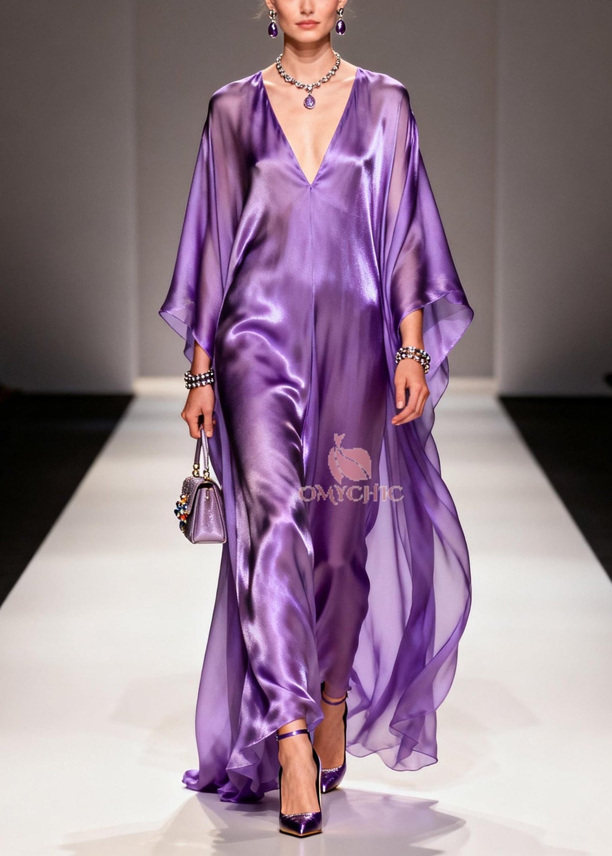 Deep V-Neck Batwing Sleeve Satin Kaftan Maxi Dress - View 5