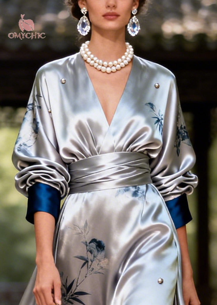 Satin Floral Print Beaded Wrap Deep V-Neck Puff Sleeve Maxi Gown - View 2