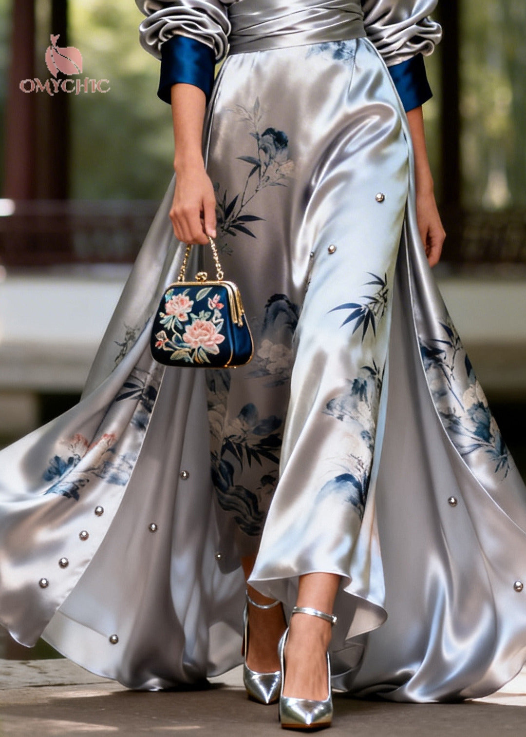Satin Floral Print Beaded Wrap Deep V-Neck Puff Sleeve Maxi Gown - View 4
