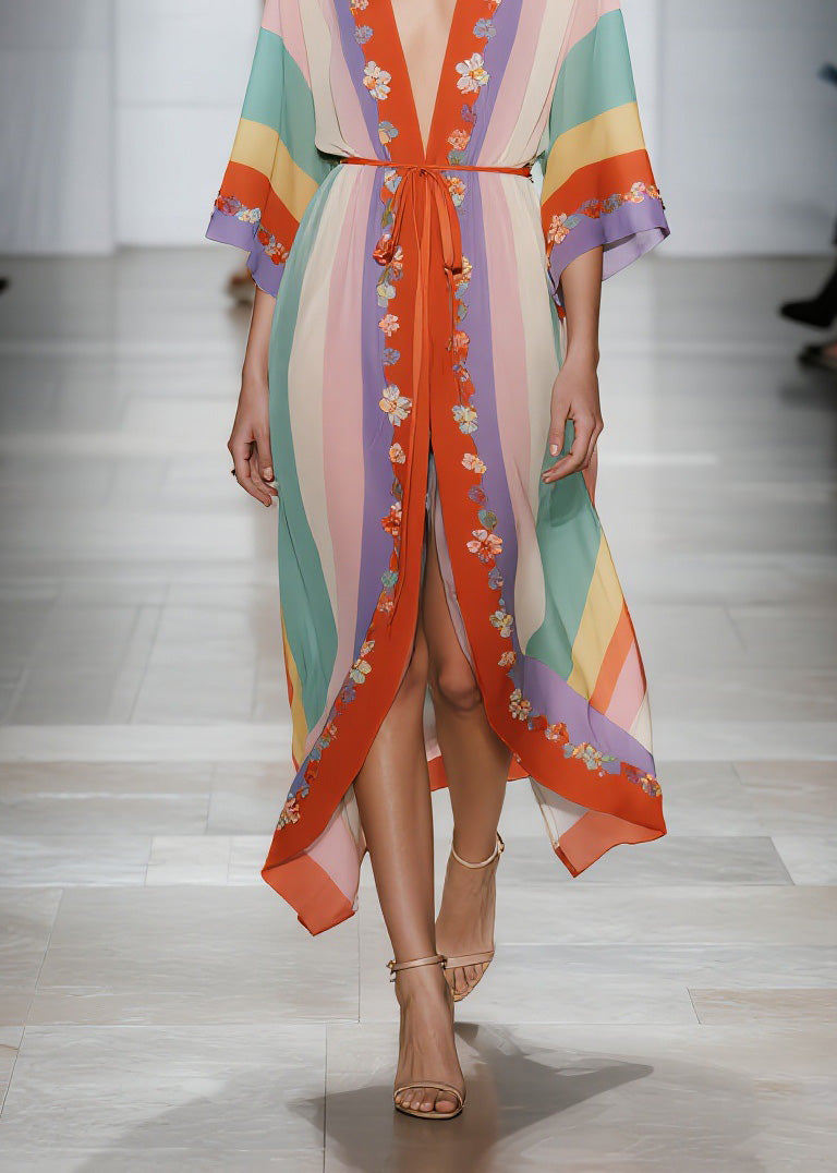 Chiffon Deep V-Neck Sleeve Floral Embroidered Trim Maxi Dress - View 4