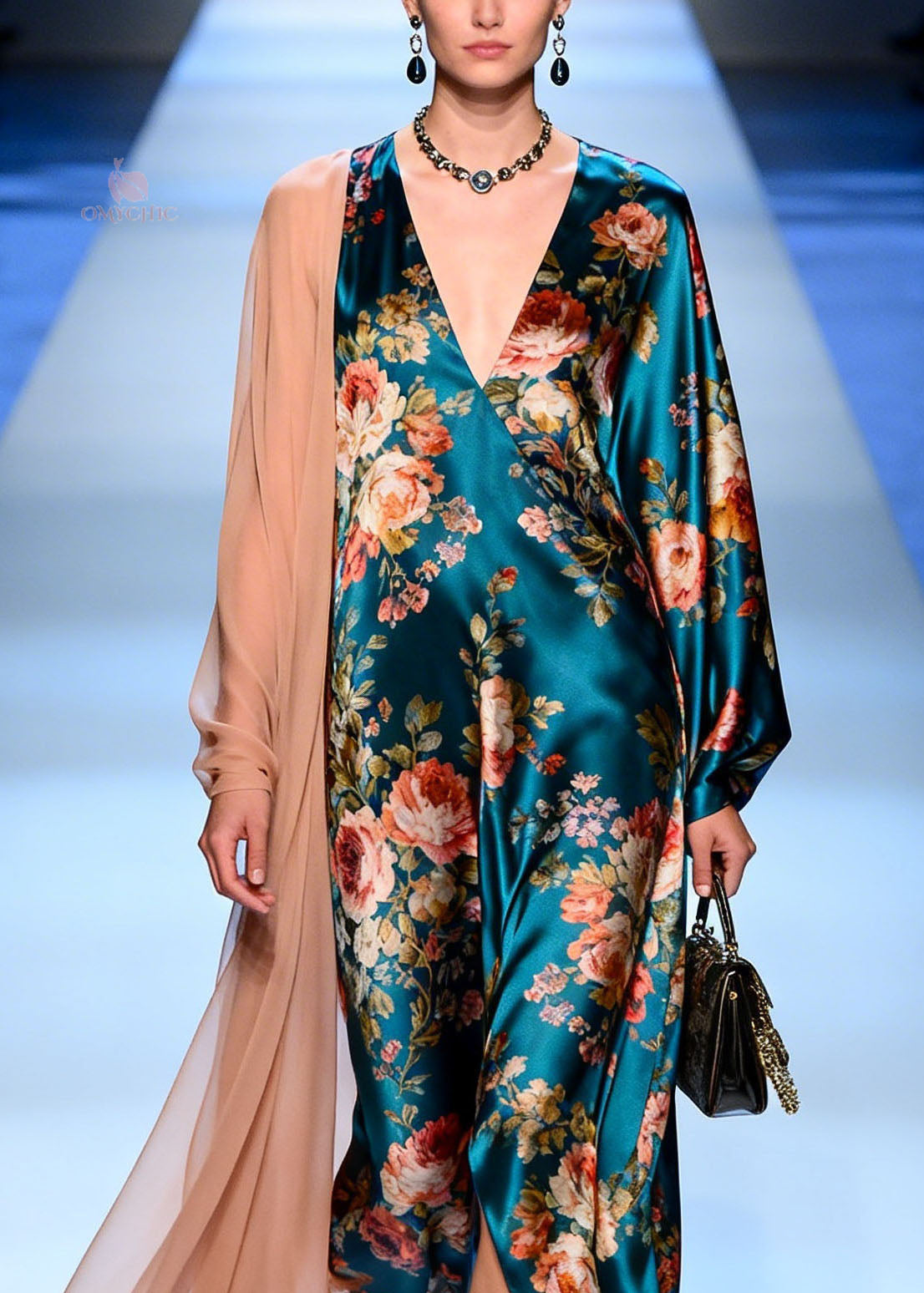 Satin Floral Deep V-Neck Bishop Sleeve Sheer Shoulder Drape Maxi Gown - View 2