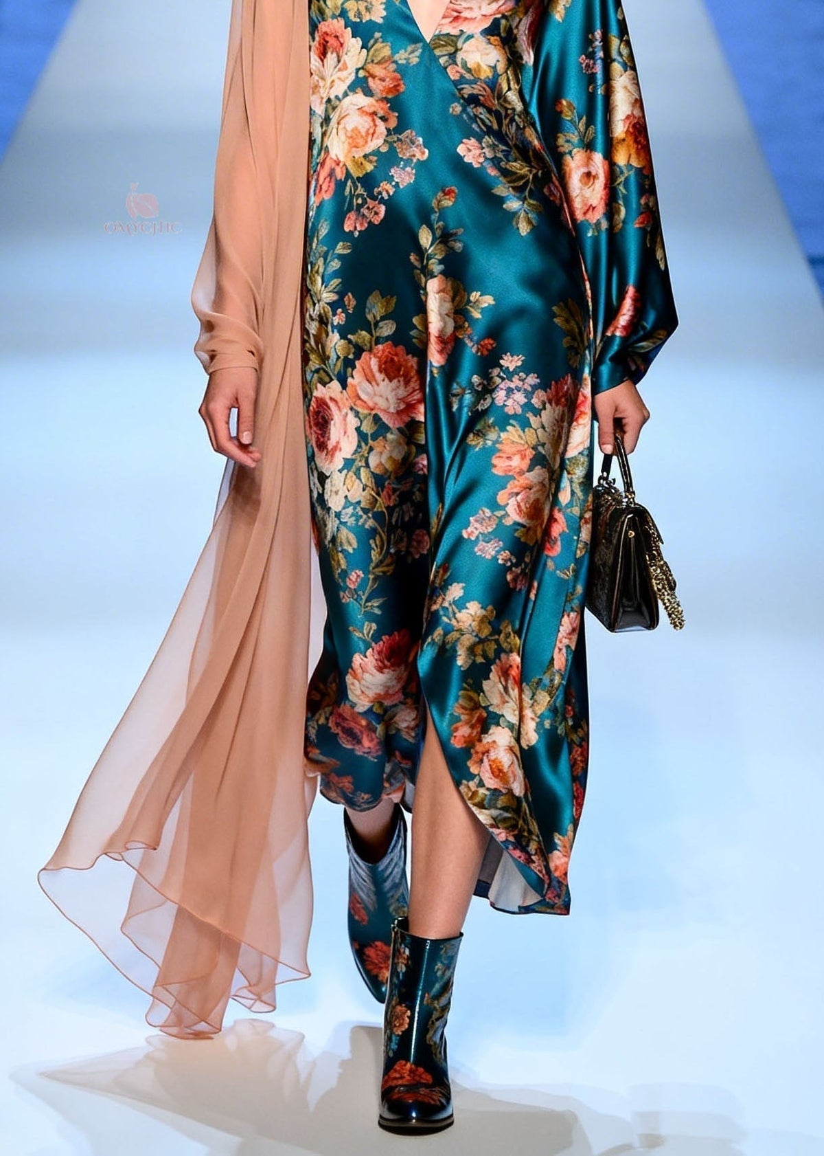 Satin Floral Deep V-Neck Bishop Sleeve Sheer Shoulder Drape Maxi Gown - View 4