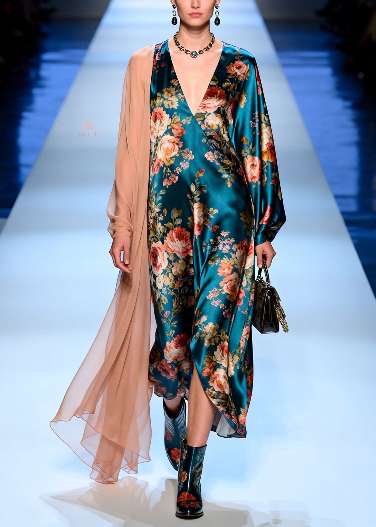 Satin Floral Deep V-Neck Bishop Sleeve Sheer Shoulder Drape Maxi Gown - View 5